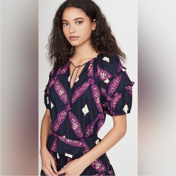 Ulla Johnson Arusi Top Plum Diamond NEW Size 2 Cotton Poplin Ruffle Puff Sleeve - Picture 1 of 16